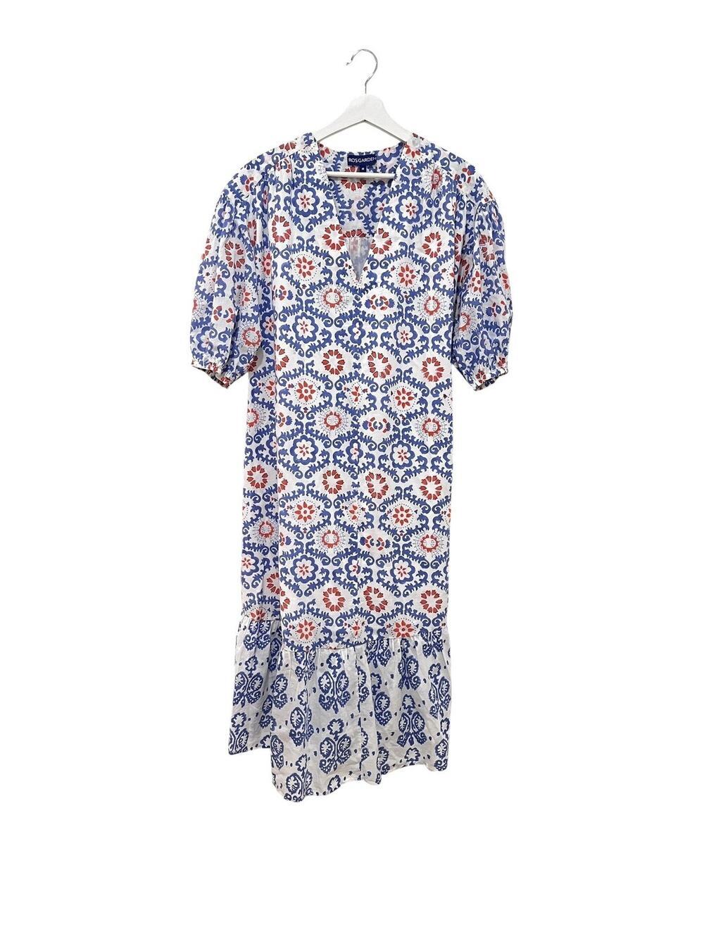 Ro's Garden Dress Womens Medium Blue Red Floral Cotton Ruffle Shift Boho Midi